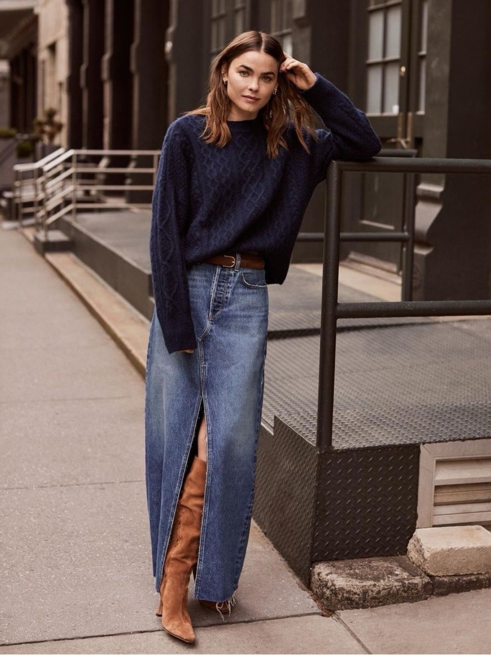 Free People Denim Maxi Skirt with Front Slit